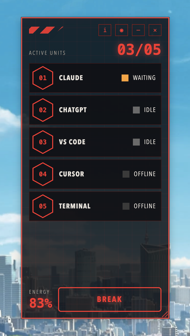 Command Room compact vertical panel showing status for all five units